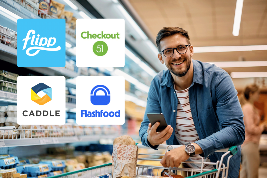 A bearded man with a pleased expression on his face who is leaning over the handle of his shopping cart in a grocery store aisle holds a smartphone and pushes a shopping cart filled with groceries. Overlaid on the image are logos for 'flipp,' 'Checkout 51,' 'CADDLE,' and 'Flashfood.' Shelves stocked with various food items are visible in the background.