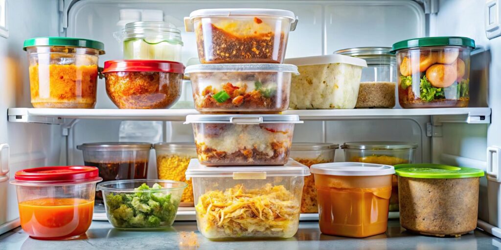 A sparkling clean refrigerator full of various storage containers. A variety of delicious lunches and meals can be seen throught clear containers.