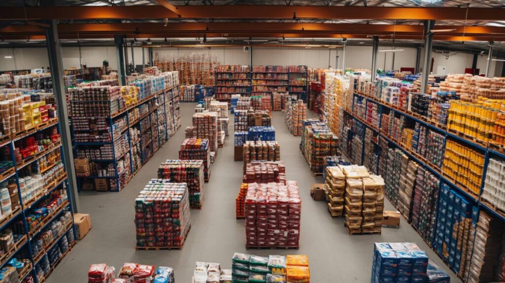 Aerial view of the inside of a bulk food warehouse type store. High shelves and pallets are stacked high with large quanities of all kinds of food stuffs and products.