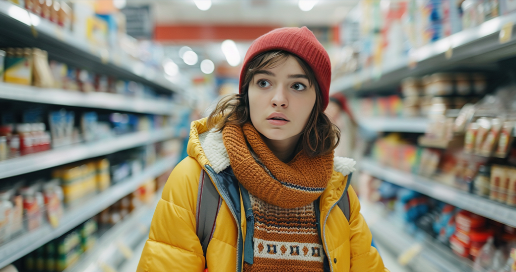 a young woman in a winter jacket and wool cap is seen in the middle of of grocery aisle with a very anxious and concerned expression on her face.