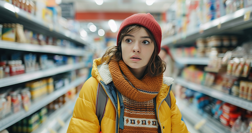 a young woman in a winter jacket and wool cap is seen in the middle of of grocery aisle with a very anxious and concerned expression on her face.