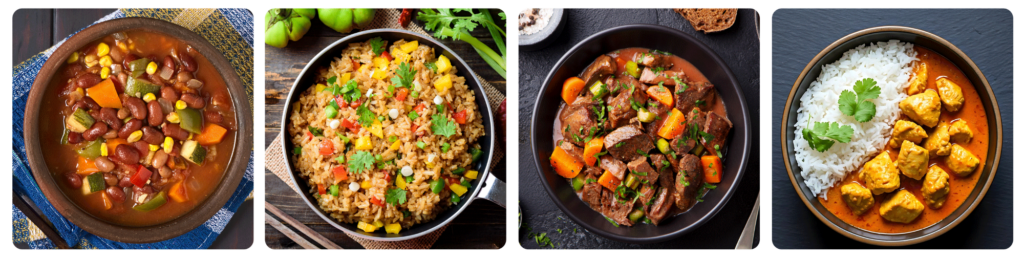 Four diferent delicious home-cooking recipes are shown served in black bowls. From left to right: a bowl of chili with beans, corn, diced tomatoes, and bell peppers; a bowl of rice mixed with vegetables such as corn, peas, and diced tomatoes; a bowl of beef stew with chunks of beef, carrots, potatoes, and garnished with parsley; and a bowl of curry chicken served with white rice and garnished with a sprig of cilantro.