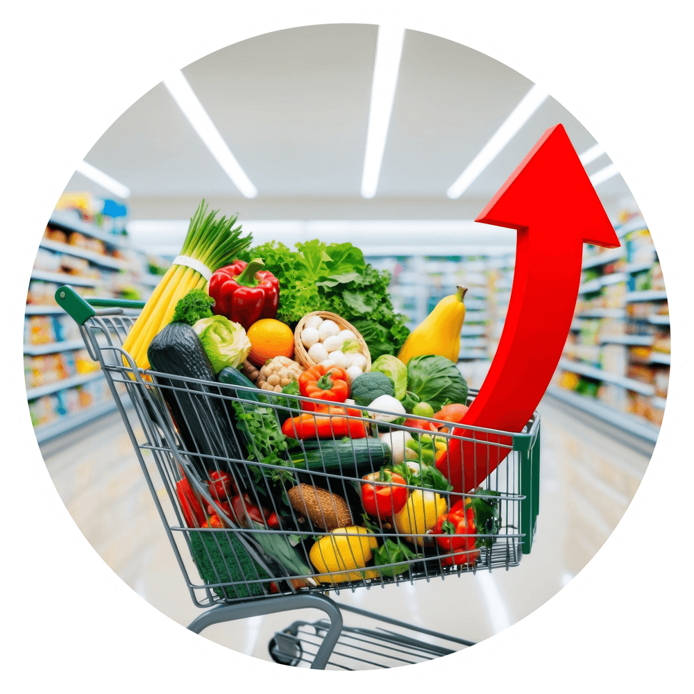 A shopping cart in the middle of a grocery store aisle is shown filled up to overflowing with fresh produce - with a large stylized red arrow in the front of the cart pointing upwards.